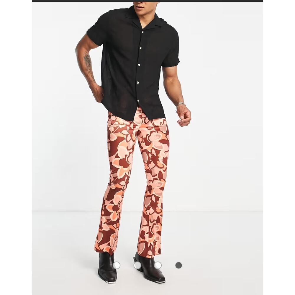 ASOS DESIGN Flared Pants In Retro Orange Floral Print EUC W 28" L 30" 28x30